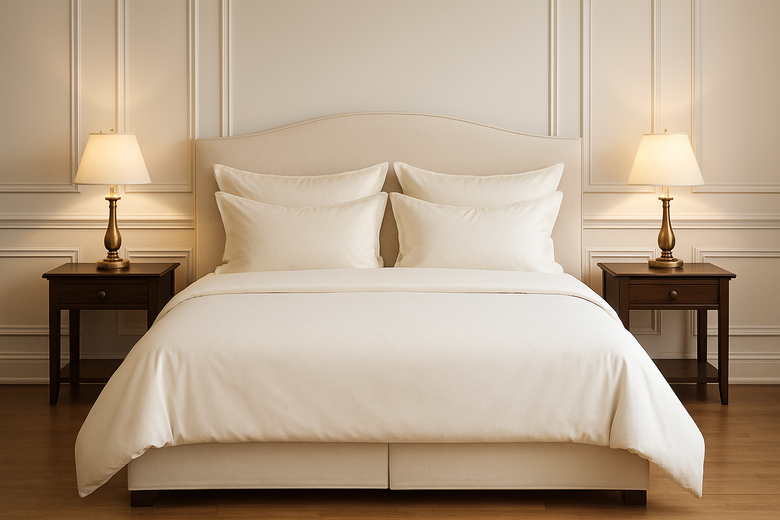front view of a beautiful king size bed, well made with 2 pairs of ivory colored pillows decorated, and an ivory colored bed sheet, and an ivory colored duvet cover. 2 night stands on either side of the bed with table lamps on top. The wall behind the bed has wainscot mouldings, all classic look