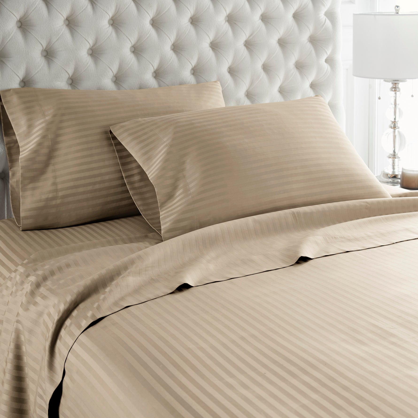 600 Thread Count 100% Egyptian Cotton Duvet Cover Set-Beige Stripe