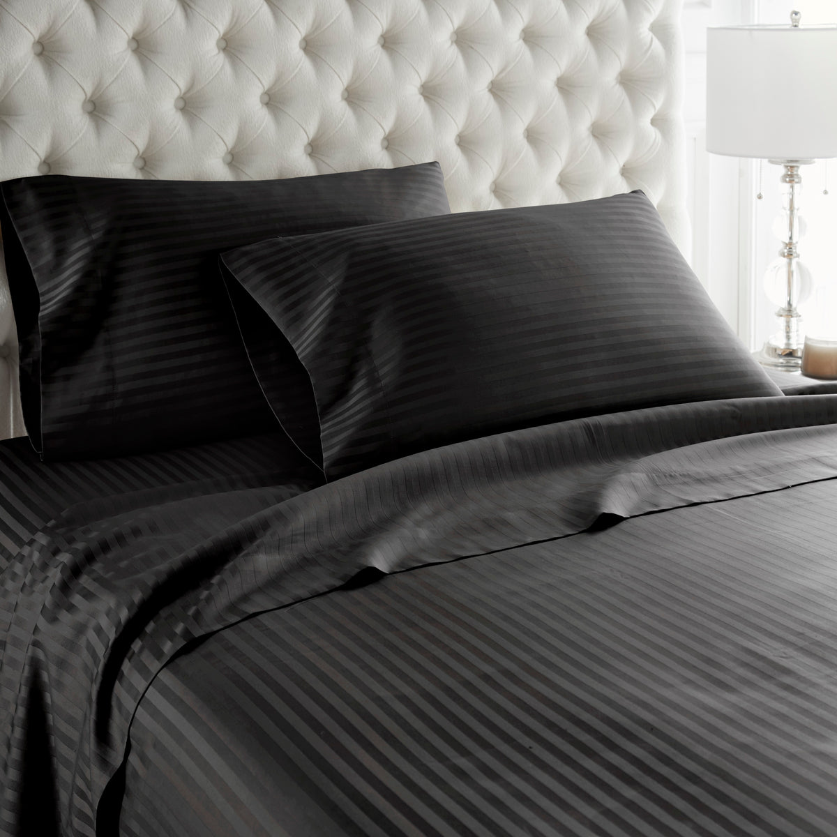 600 Thread Count 100% Egyptian Cotton Duvet Cover Set-Black Stripe