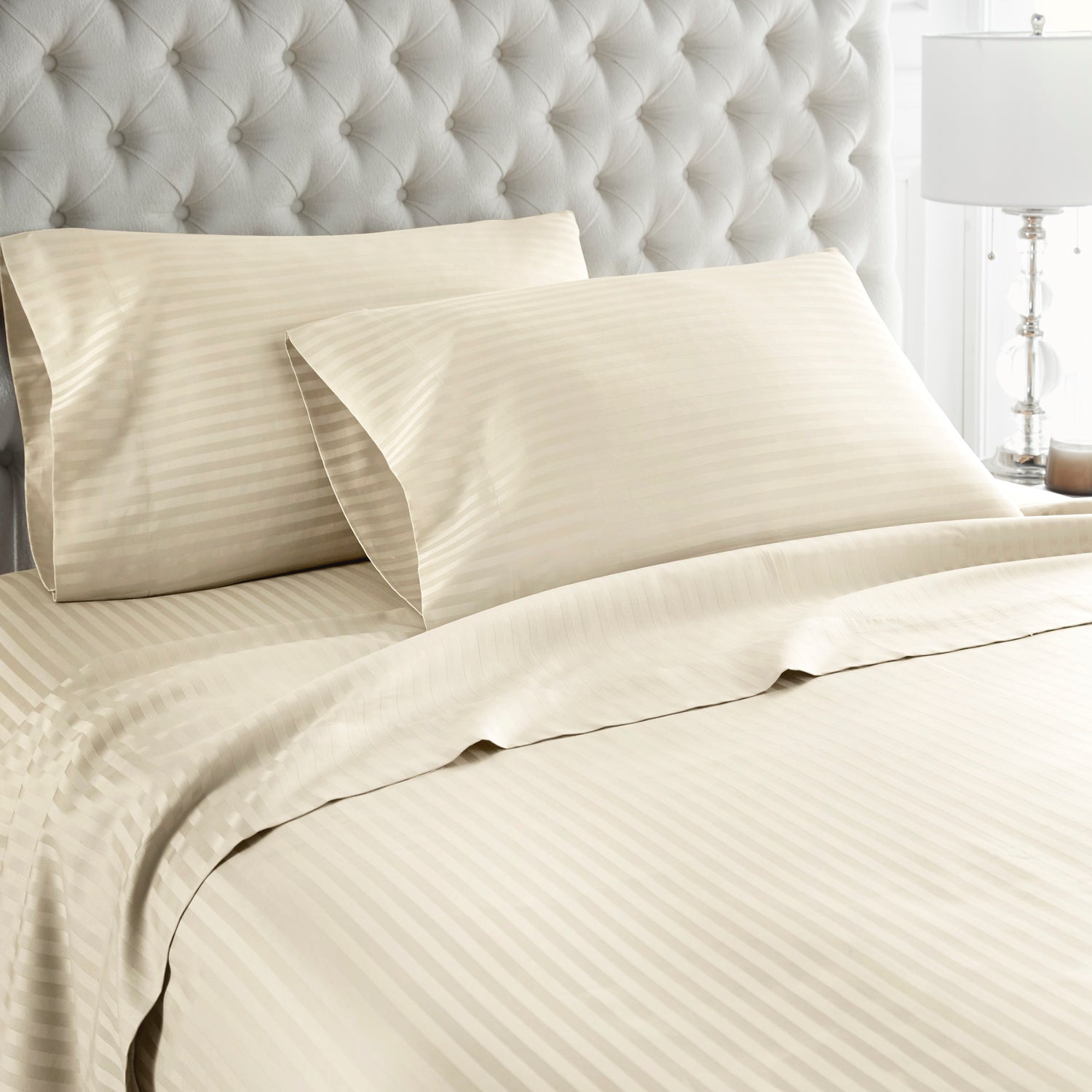 600 Thread Count 100% Egyptian Cotton Duvet Cover Set-Ivory Stripe