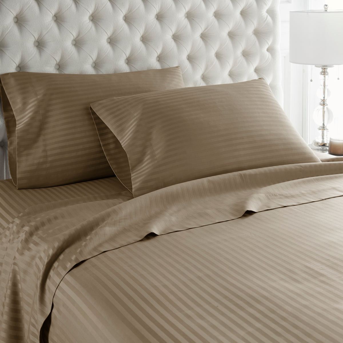 600 Thread Count 100% Egyptian Cotton Duvet Cover Set-Taupe Stripe