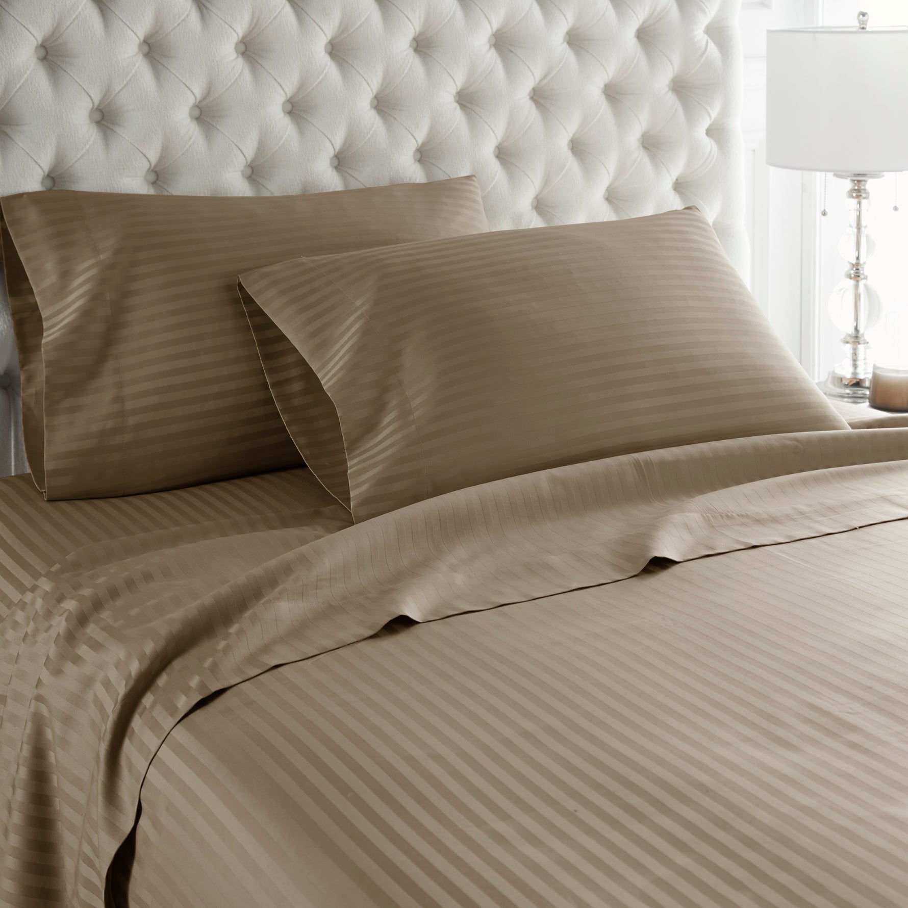 600 Thread Count 100% Egyptian Cotton Duvet Cover Set-Taupe Stripe